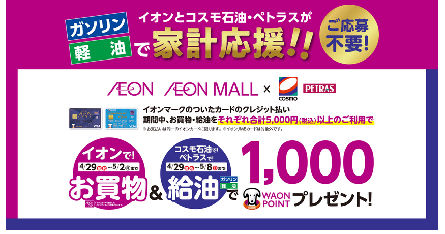 イオンで5000円以上のお買物 コスモ石油orペトラスで給油するともれなくwaon Point1 000ポイントもらえる ずぼらなワーキングマザーのお得生活